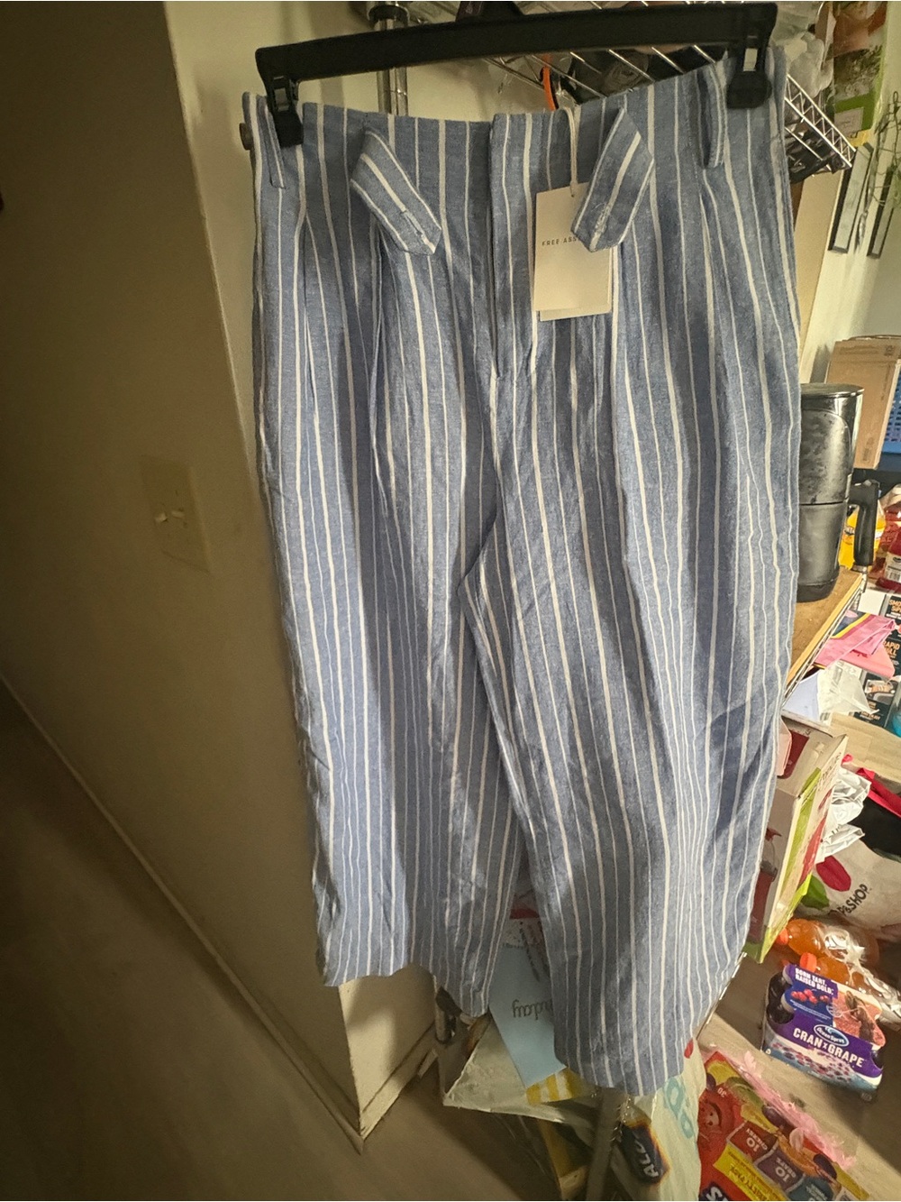 Wide Leg Striped Linen Blend Pants - Blue/White